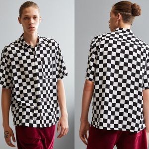 UO Checkered Rayon Short Sleeve Button-Down Shirt